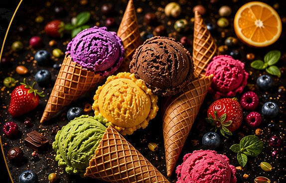 Assorted real milk ice cream cones and scoops