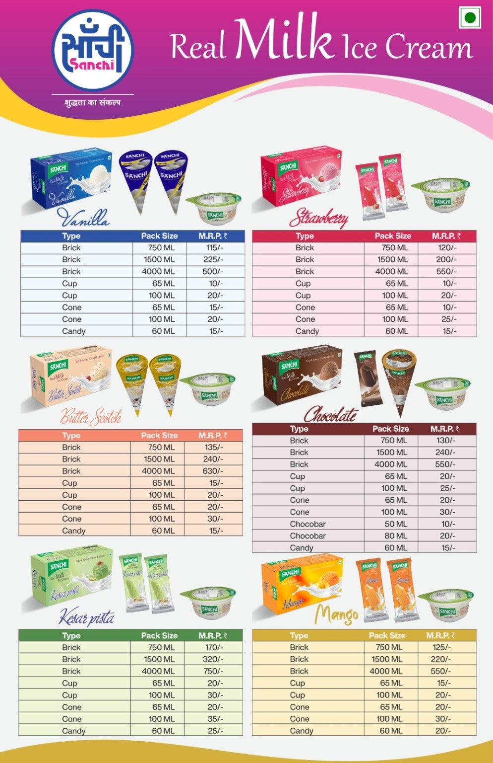 Ice cream price list